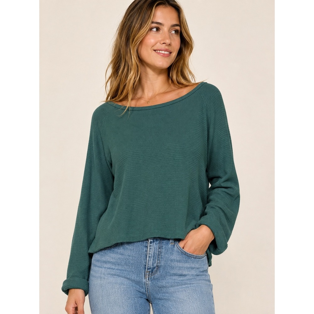 We The Free Free People Rainforest Green Waffle Knit Thermal Top OB2291593 M